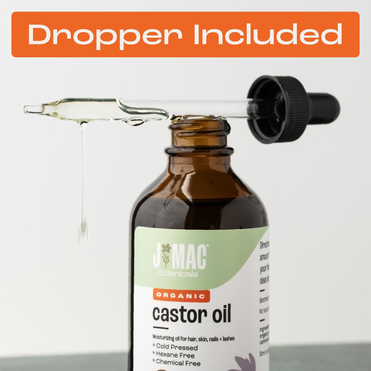 J MAC BOTANICALS Organic Castor Oil Cold Pressed in Amber Glass Bottle (4 oz with Dropper) USDA Certified, Hexane Free - Moisturizing Oil for Hair, Skin, Face, Eyelashes, Brows, & Nails