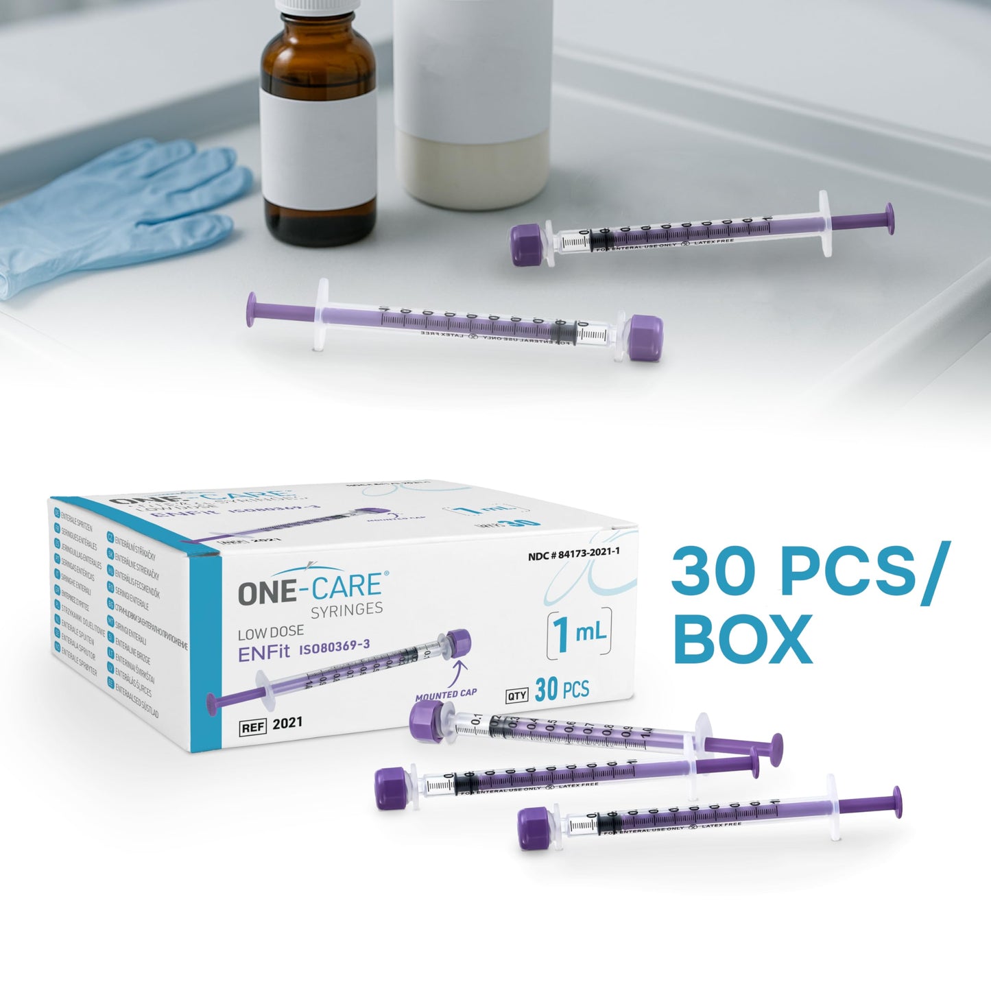 ONE-CARE Lab ENFit Syringe 1ml with Mounted Cap, Sterile, Low Dead Space, 30/bx Blister-Packed, Box of 30 Syringes,