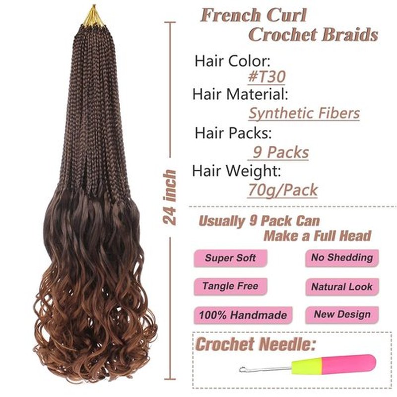 RuiYok 24 Inch French Curl Crochet Braids 9 Packs Ombre Brown Goddess Box Braids with Curly Ends Pre Looped Bohemian Crochet Hair Loose Wave Bouncy French Curl Braiding Hair for Women