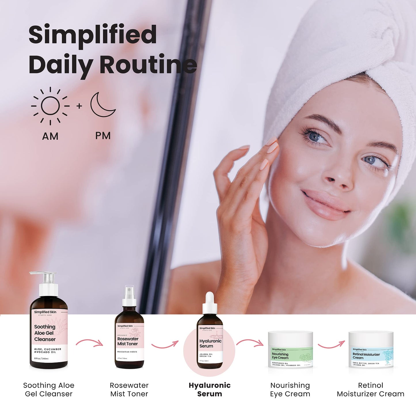 Simplified Skin Hyaluronic Acid Face Serum – Hydrating, Plumping & Youthful Skin - Anti-Aging Formula with Vitamin C, Jojoba Oil & Green Tea – 2 Fl Oz