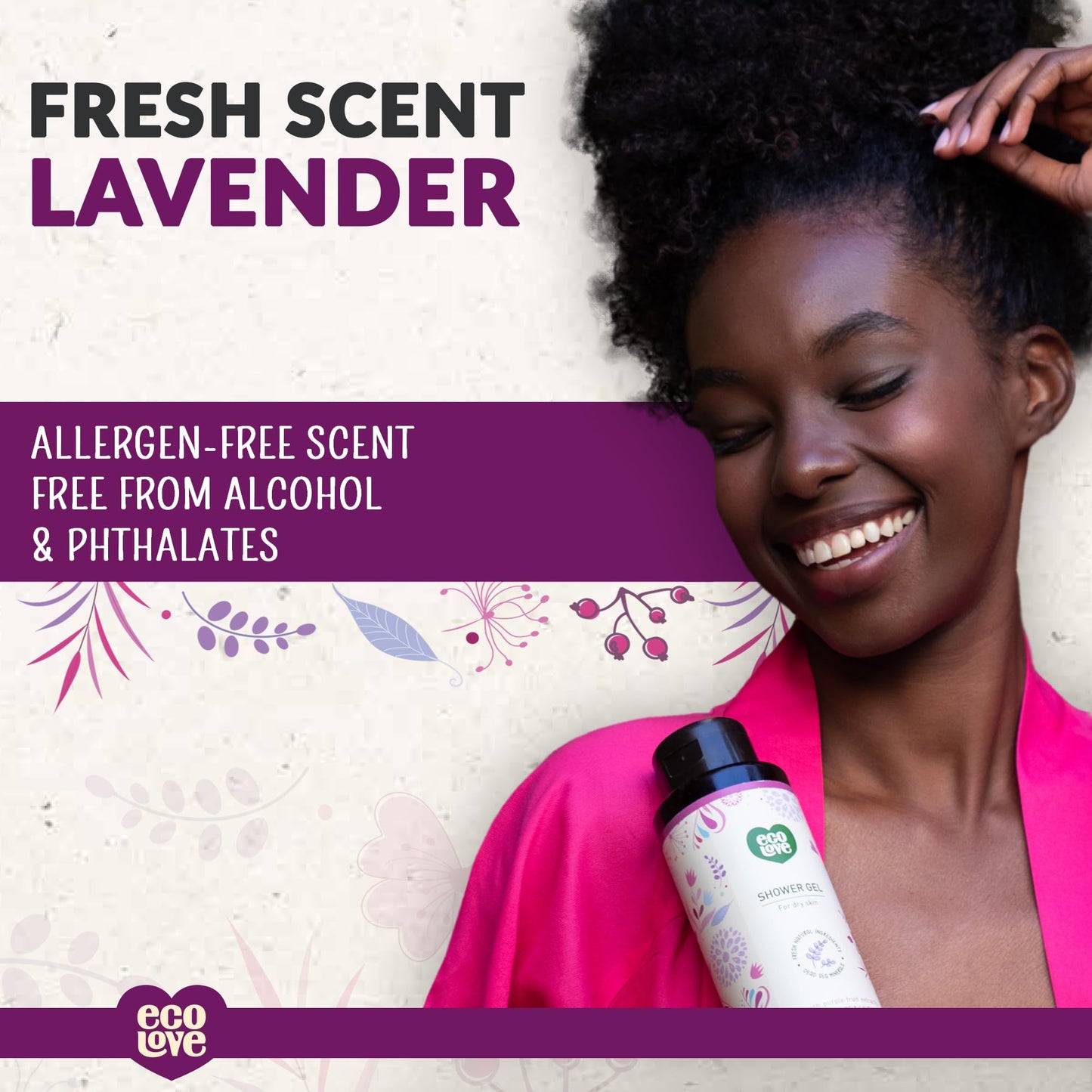 ecoLove - Natural Moisturizing Body Wash for Dry Skin - Organic Blueberry, Grape & Lavender - No SLS or Parabens - Vegan and Cruelty-Free Shower Gel, 17.6 oz