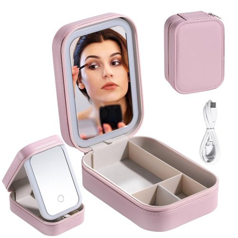 BS-MALL Travel Cosmetic Mirror Case LED Makeup Mirror Storage Case for Eyelash Station Makeup Brushes Cosmetic Tools Pink On-the-go Makeup Needs (Pink)