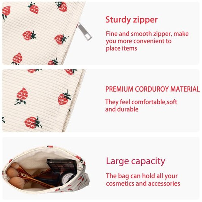 Makeup Bag for Women Large Corduroy Cosmetic Bag Travel Makeup Pouch for Purse Zipper Toiletry Bag Organizer Y2K Cute Aesthetic Trendy Makeup Brushes Storage Bag Travel Essential (Beige Strawberry)