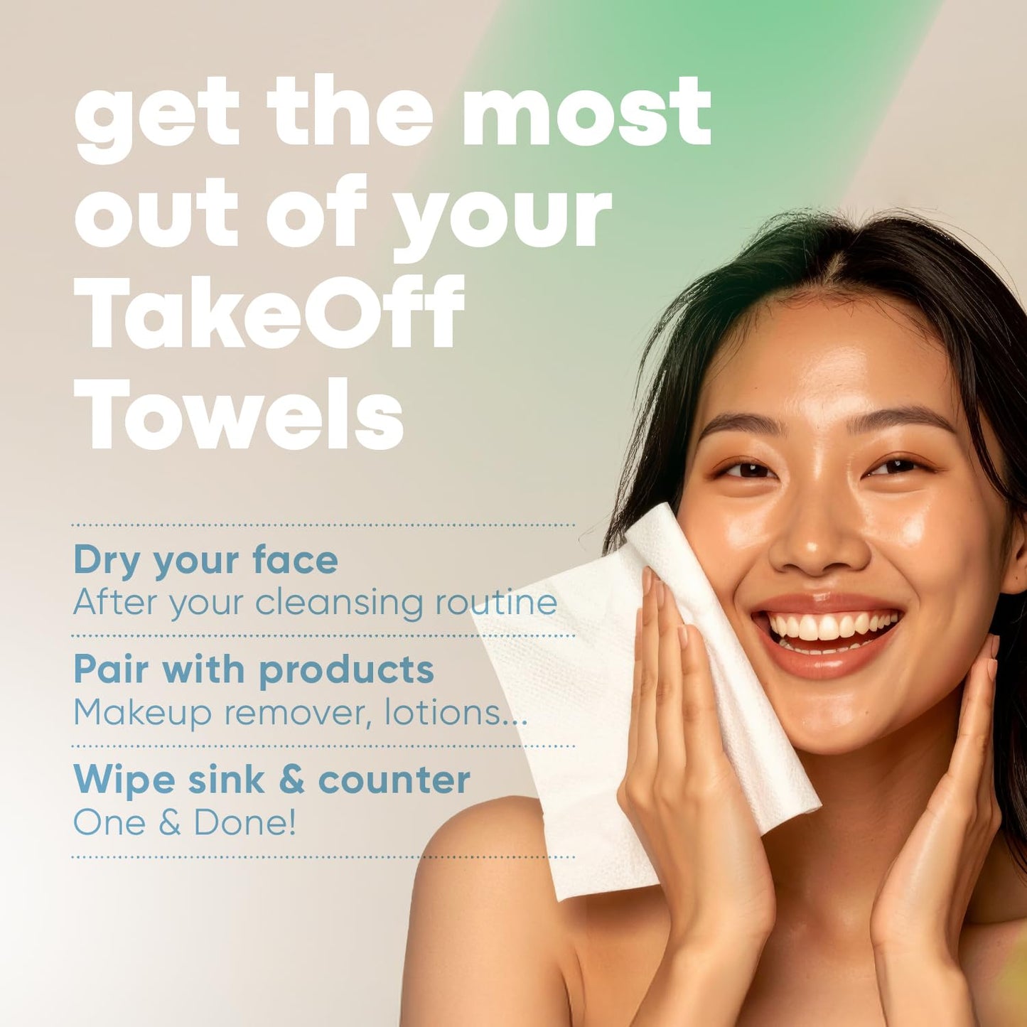 Takeoff Face Towels, 10"×12" XL Face Disposable + Compostable, Ultra Soft Makeup Remover Dry Wipes, Thick Face Towel w/Dual Texture For All Skin Types incl. Sensitive, 50 Count x 2 Pack (100 total)