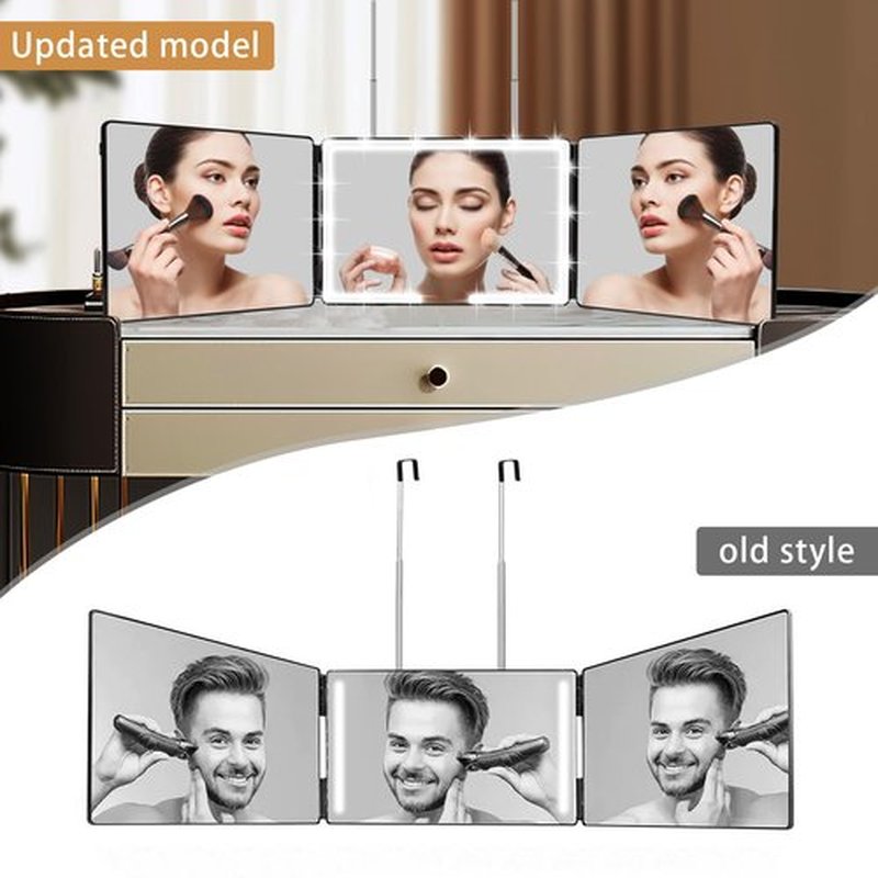 JANMPASK 3 Way Mirror, LED Home Mirror for Self Hair Cutting, 14x9 inches, Door Mount, 360 Makeup Mirror with Light, Adjustable, 10x Magnification