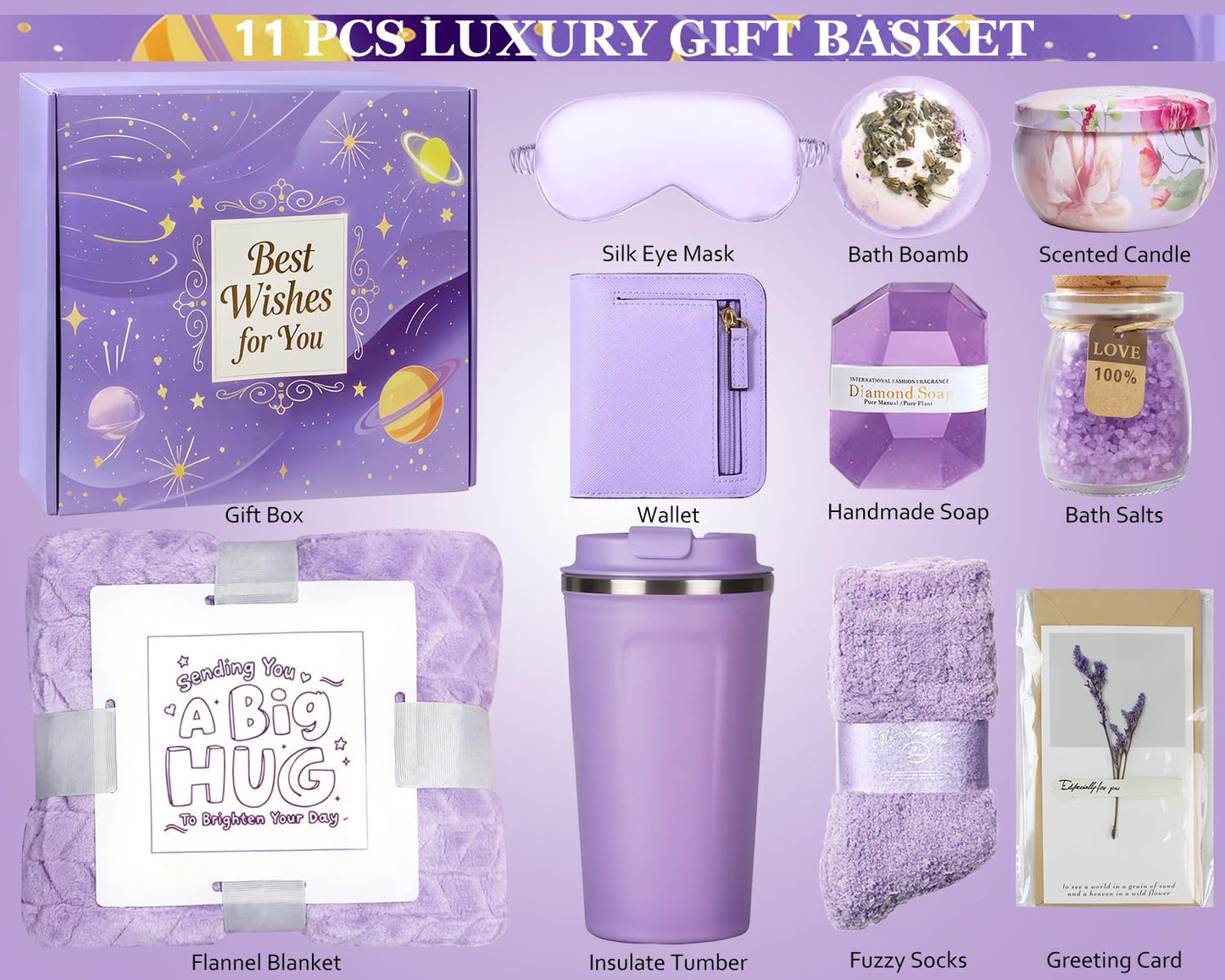 Gift Basket for Women, Birthday Gifts for Women Self Care Gifts Get Well Soon Gifts, Flannel Blanket,Tumbler, Relaxing Spa Gifts for Mom Best Friend Wife Girlfriend Sister Her (Purple)