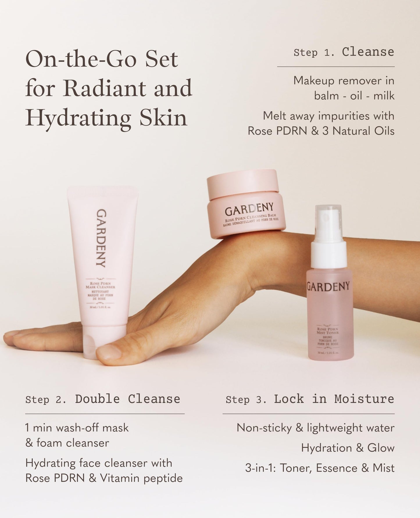 GARDENY Korean Skincare Set | 3-step K-Beauty Routine Kit | Cleansing Balm, Mask-to-Foam Cleanser & Hydrating Mist Toner | Rose PDRN Technology | Travel Size 1.01 fl. oz Each