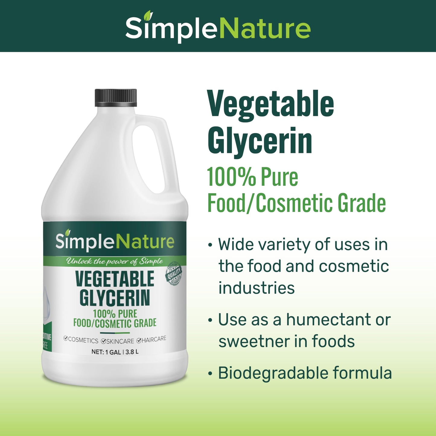 Simple Nature 100% Pure Vegetable Glycerin - 2 Gallon - Natural Pure Food/Cosmetic Grade for Skincare, Haircare, Cosmetics, Soapmaking, Crafts - Softening & Moisturizing Multipurpose Humectant