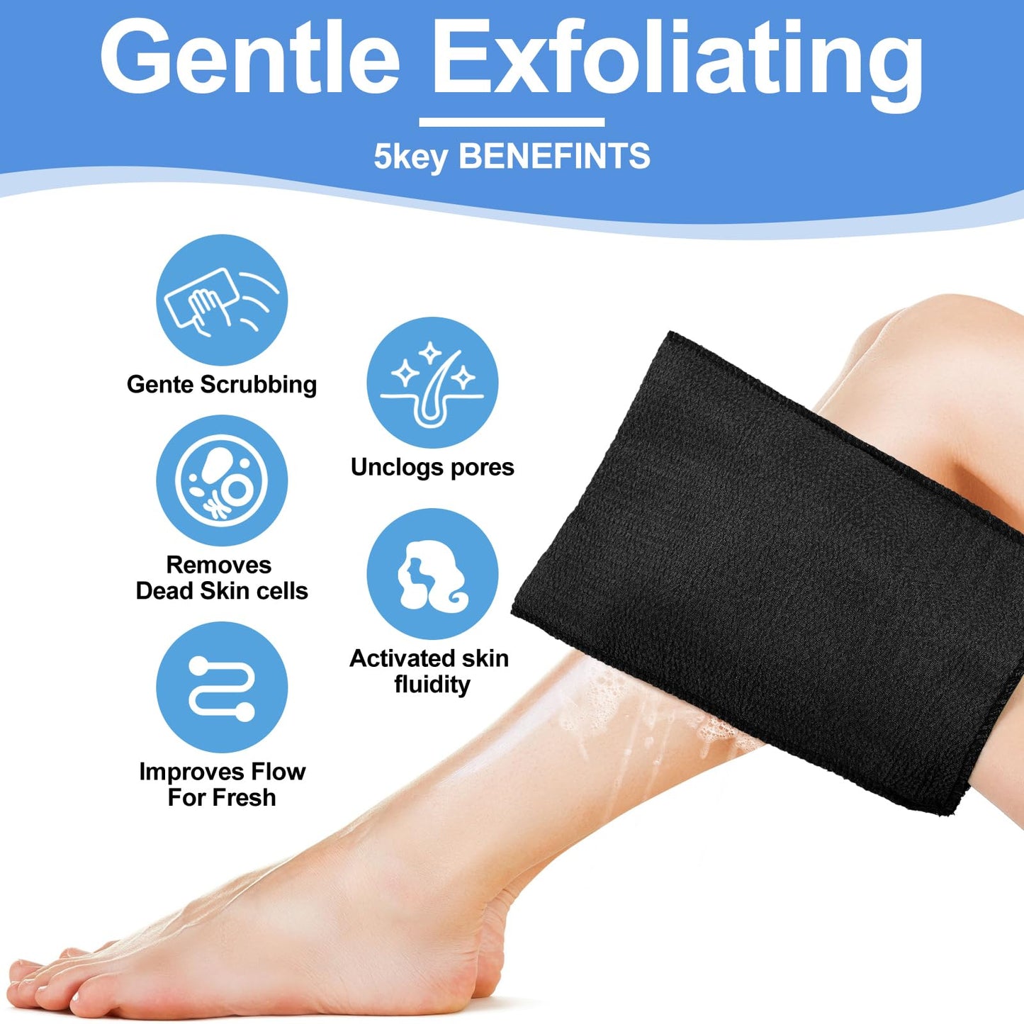 Tatuo 12 Pack Korean Exfoliating Mitt & Cloth, Viscose Rayon Dead Skin Remover Washcloth, Multi Color Body Scrub Towel for Shower Spa Travel(Large,Black)