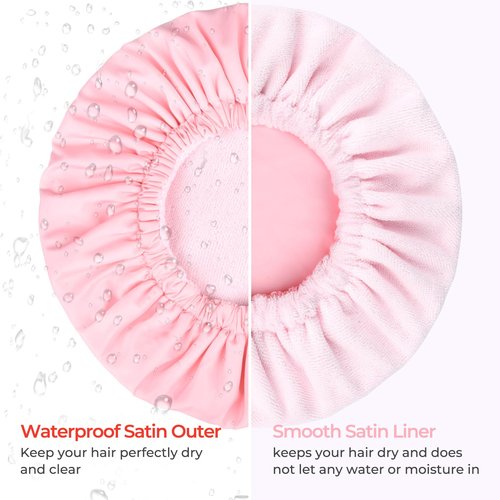Pink Shower Cap for Women Terry Lined Bath Cap Large Reusable Waterproof Elastic Band Shower Caps for Long Thick Hair Soft Bath Shower Hair Caps