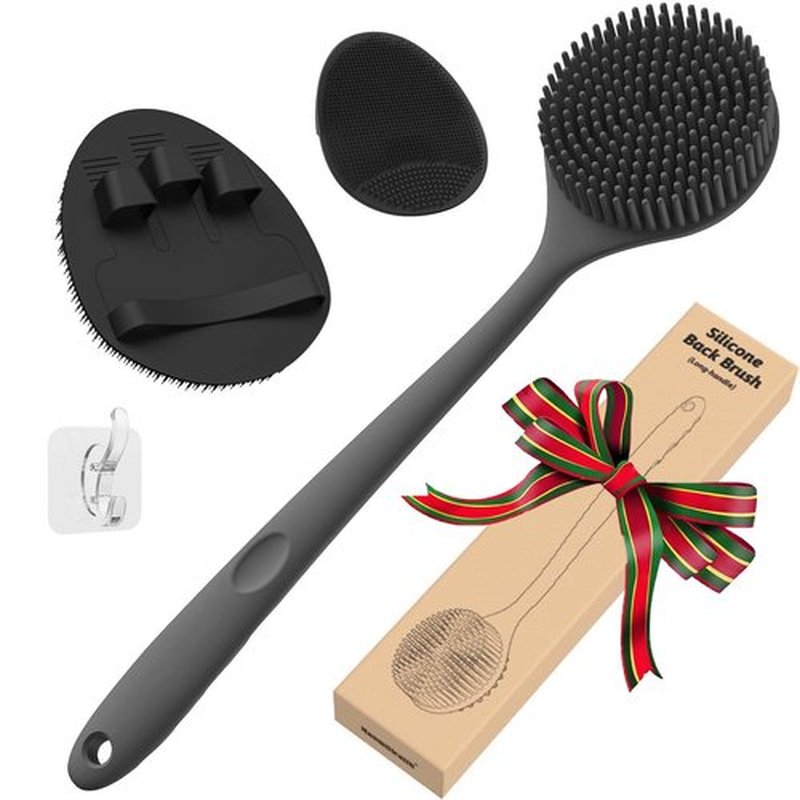 Manmihealth Silicone Back Scrubber (Thick Bristles) & Bath Glove & Face Brush Set(3PCS), Super-Exfoliating & Lathering Body Scrubber, Shower Brush, Face Scrubber Combination, with a Free Hook.(Black)
