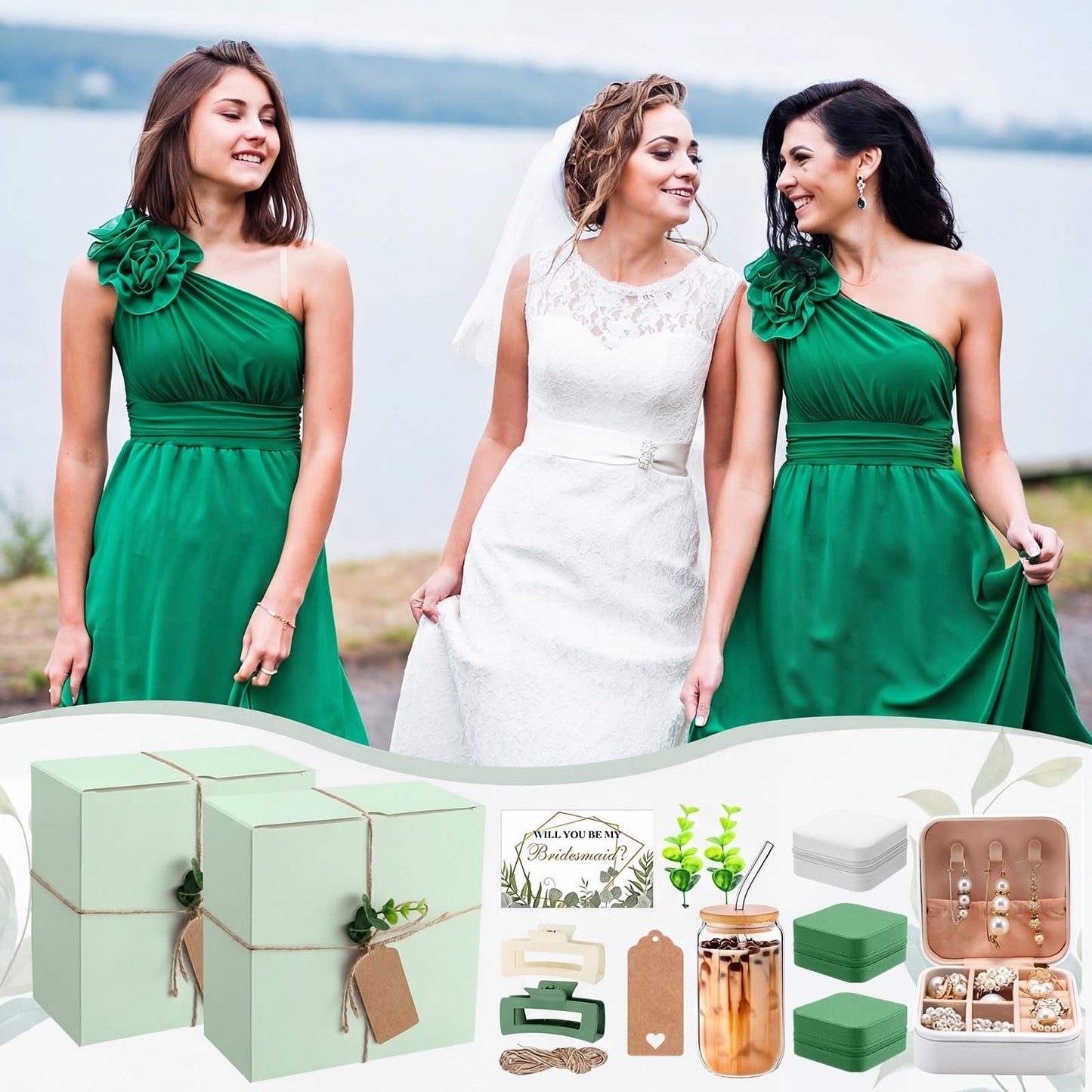 Quelay 56 Pcs Bridal Gift Set, 15oz Glass Cup, Mini Jewelry Box, Square Clips, Will You Be My Bridesmaid Invitation Card for Bridal Shower & Bachelorette Party(Classic,Green)