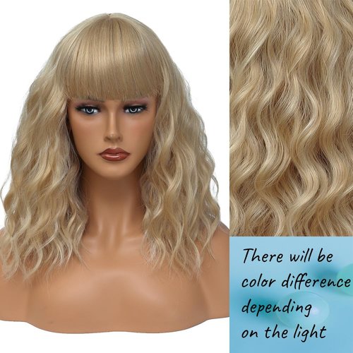 Short Blonde Wigs with Bangs 14Inch Wavy Curly Blonde Bob Wig for Women Shoulder Length Natural Looking Hair Replacement Wig for Daily Party Use Cosplay Costume Halloween Wig
