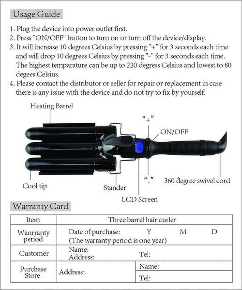 BLUETOP Three Barrel Curling Iron, Ceramic Hair Waver with LCD Display, Adjustable Temp Triple Barrel Crimper Hair Tool, Fast Heating Iron, Wavy Hair, Dual Voltage, 1 Count (Pack of 1)