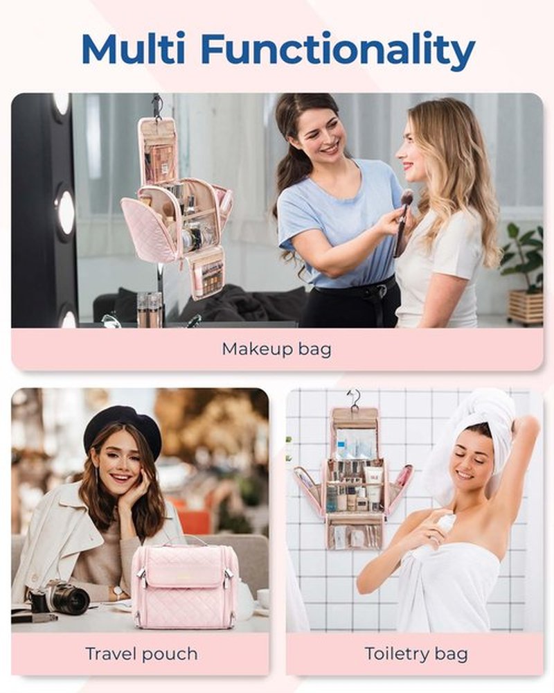 BAGSMART Makeup Bag Cosmetic Travel Bag with Hanging Hook, Water-resistant Make Up Bag Organizer for Accessories, Brushes, Sponge, Full-size Container, Toiletries, Pink