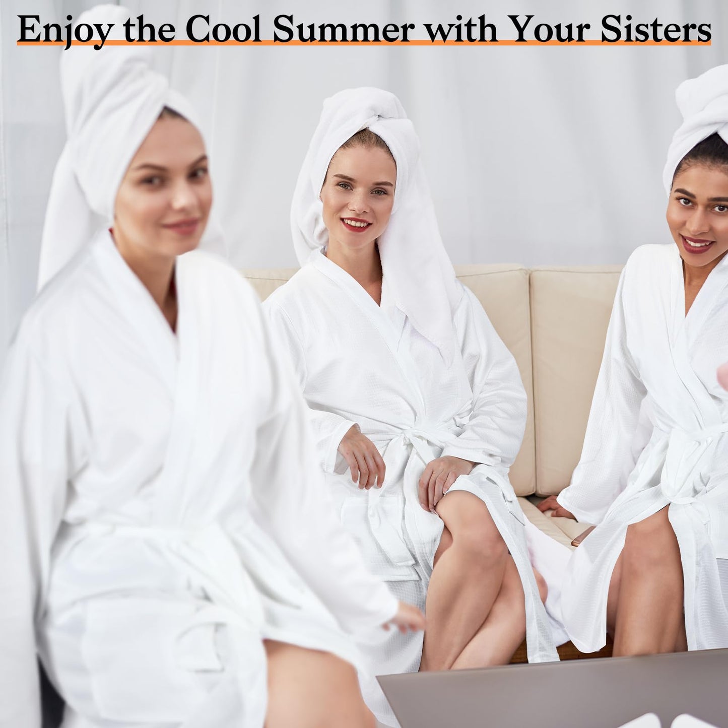 Handepo 2 Sets Waffle Bath Robe Set Unisex Hotel His and Hers Robes Couples Lightweight Knit Spa Bathrobe Slipper Hair Towel(White,L)