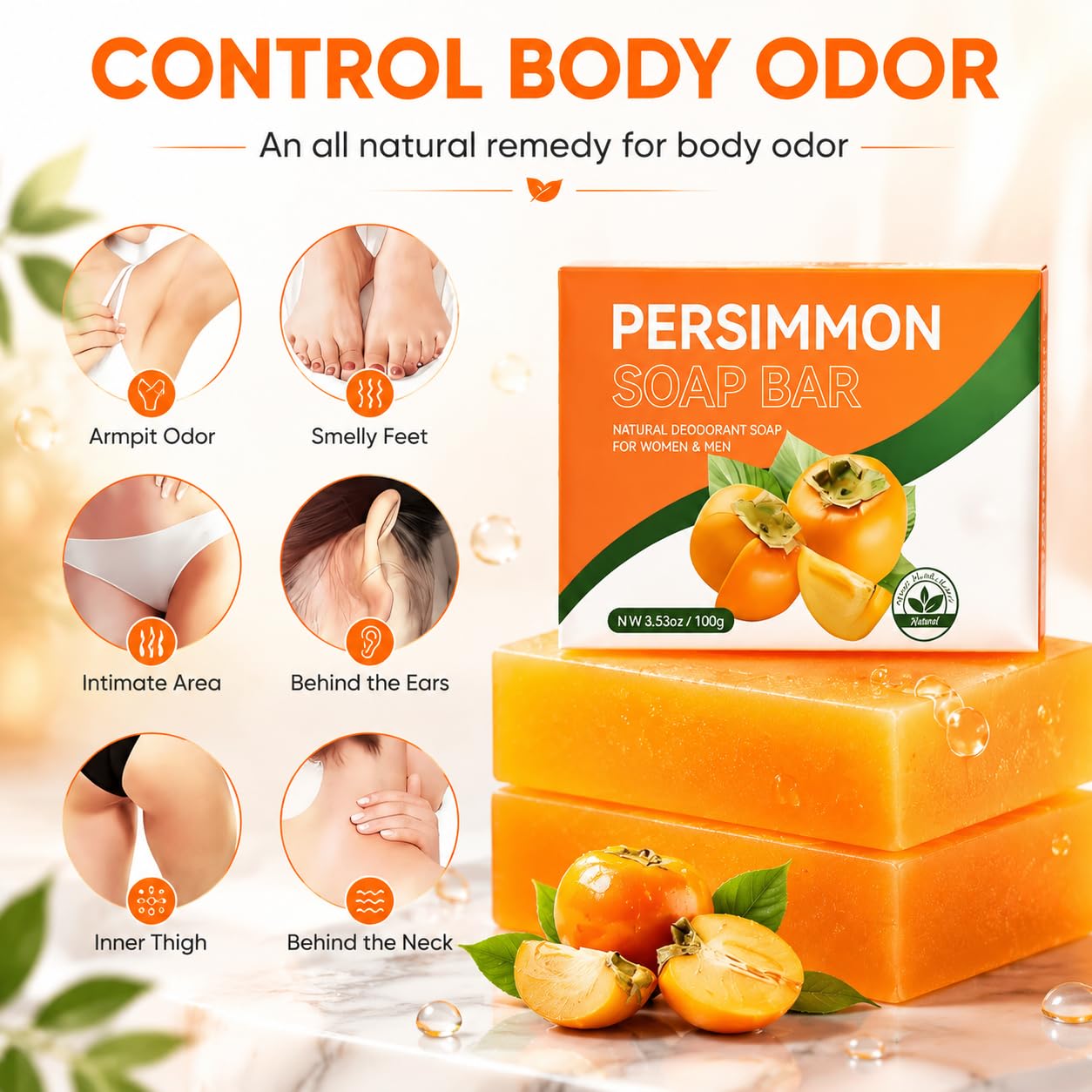 2 PCS Persimmon Soap Bar for Body Odor Control – Natural & Organic Deodorant for Old People Smell. Handmade Bar Soap Removes Strong Odor, Deeply Cleansing & Moisturizing for Women & Men