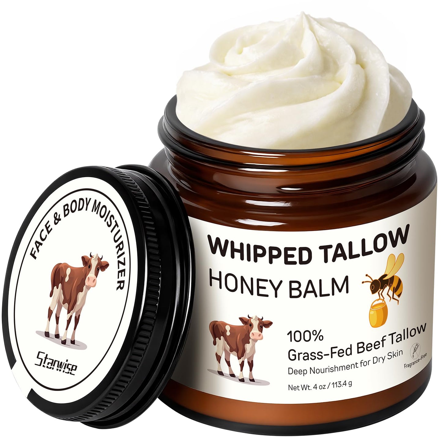 Starwise Beef Tallow for Skin, 100% Grass-Fed Whipped Beef Tallow and Honey Balm, Moisturizer for Face & Body, Natural Formula with Organic Jojoba Oil, Shea Butter for Dry, Sensitive Skin