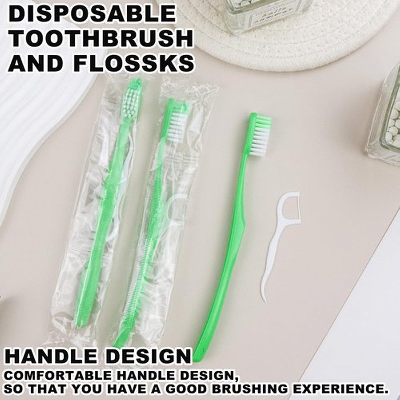 HAIFOTRVA 30 Packs Disposable Toothbrushes with Floss,Green Single Use Individually Wrapped Disposable Travel Toothbrushes and Dental Floss Kit Bulk for Homeless,Airbnb,Hotel,Dentist (30)