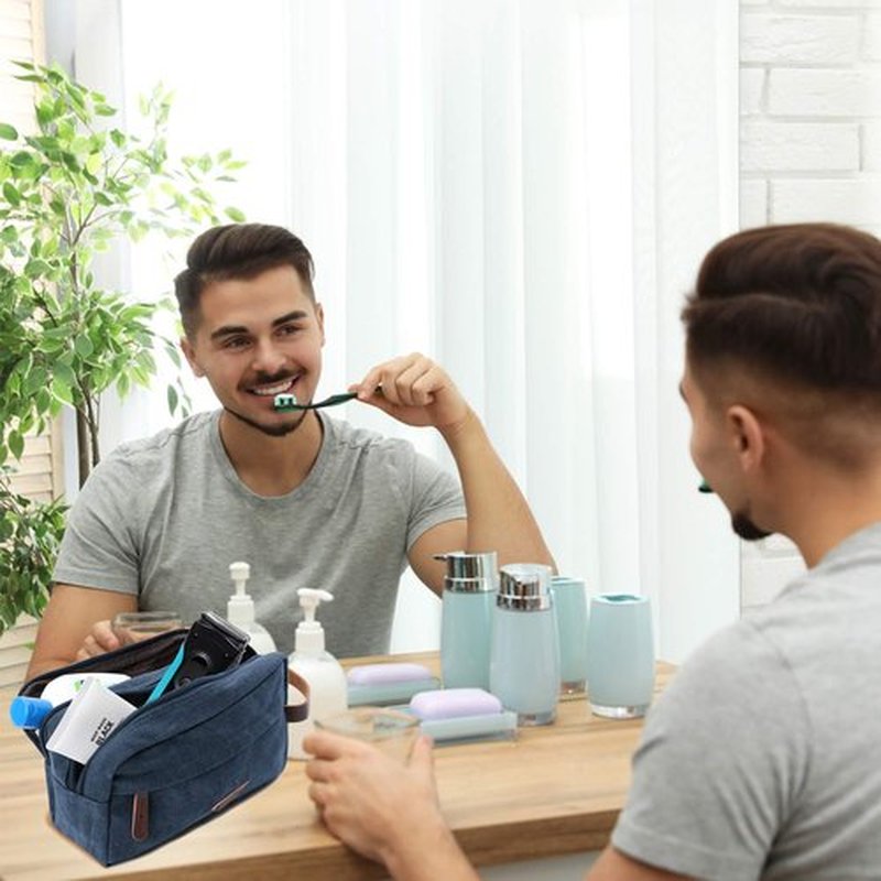 Mactso Mens Travel Toiletry Bag Canvas Leather Cosmetic Makeup Organizer Shaving Dopp Kits with Double Compartments (Blue 1)