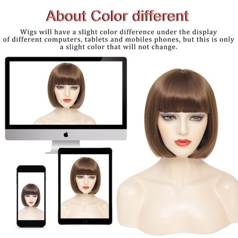 YBYMCAI Brown Bob Wig With Bangs Short Light Brown Bob Wigs For Women Straight Bob Bangs Wig 10 Inch Heat Resistant Synthetic Hair Natural Looking For Daily Party Use