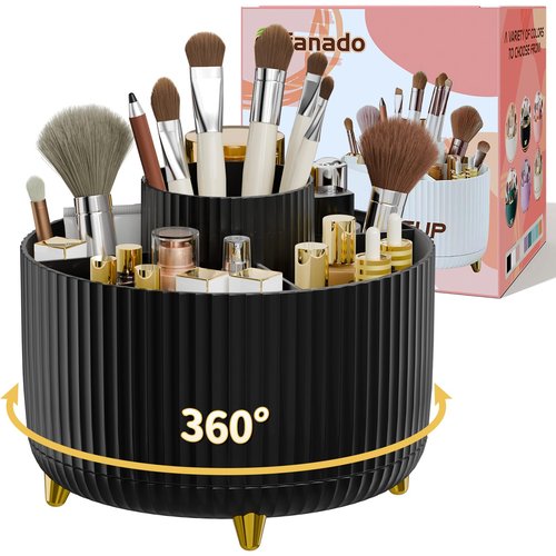 360° Rotating Makeup Brush Holder Organizer with Drawer, Cosmetic Makeup Organizers Countertop, Makeup organization and Skincare Storage for Vanity, Desktop, Bathroom(Makeup Organizer Drawer-Black)