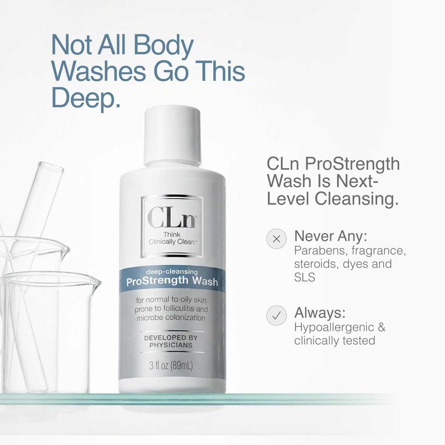 CLn ProStrength Wash - 3 fl oz, Salicylic Acid Body Wash & pH Balanced Cleanser for Oily & Acne Prone Skin, Exfoliating Body Wash for Men & Women, Fragrance Free Daily Skin Care