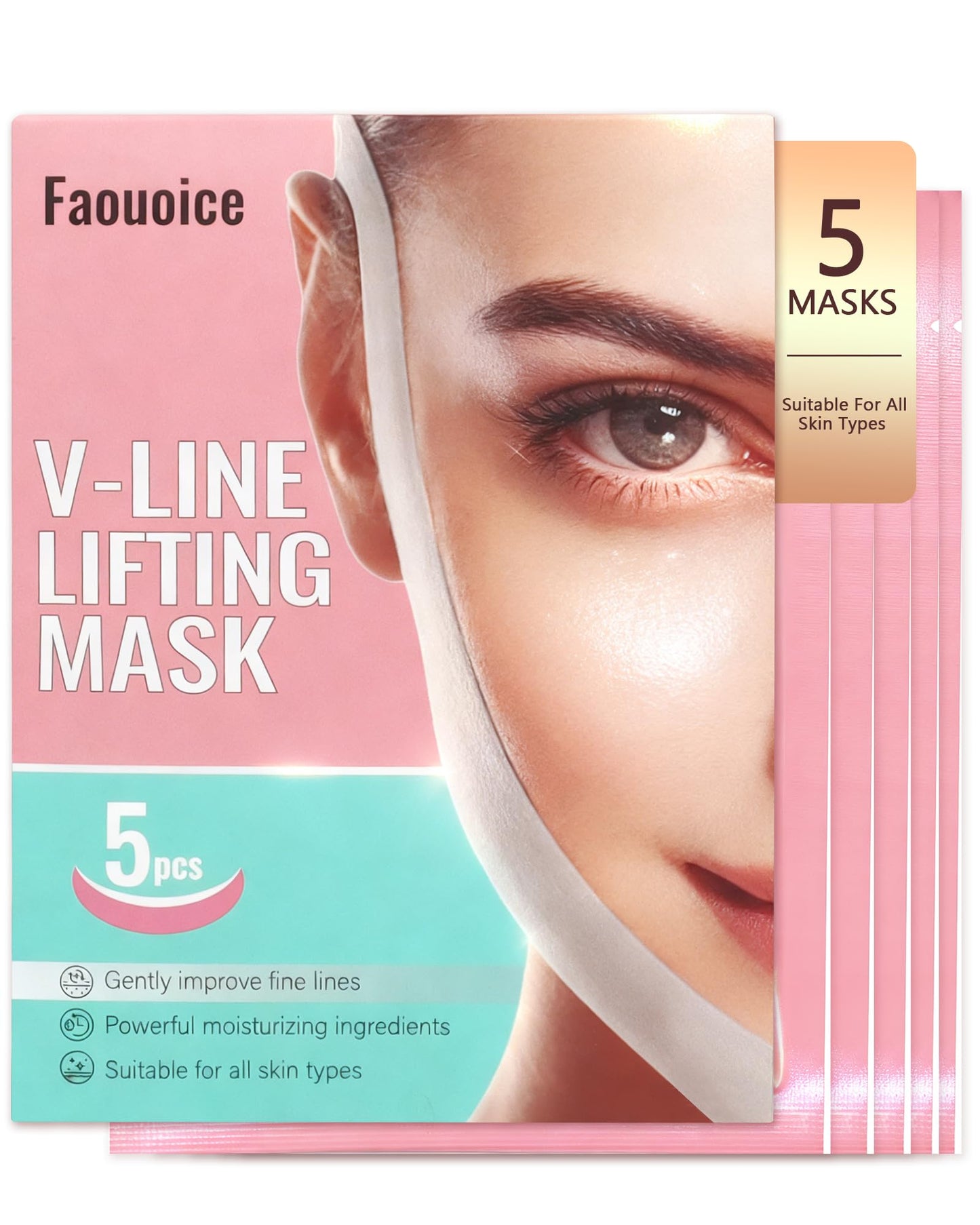 Faouoice V-Line Lifting Collagen Face Mask (5 Pcs), Double Chin Reducer with Hyaluronic Acid & Aloe Vera, Deep Collagen Face Mask for Women, Chin Lifting Masks Jawline Shaper Neck Wrinkle Patches