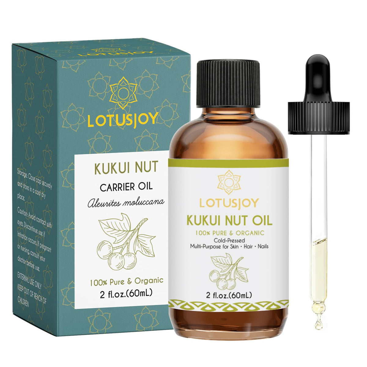 LOTUSJOY Kukui Nut Oil, 100% Pure, For Skin, Hair, Nails, 2 Oz