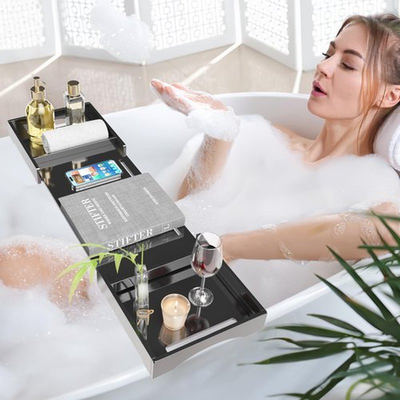 Bathtub Tray Caddy Table for Tub - Rulyyo Tub Tray Bath Caddy Tray for Bathtub, Black 18-32.5 Inch Expandable Over The Tub Bath Tray for Bathtub, Waterproof Bathtub Caddy Tray for Luxury Bath