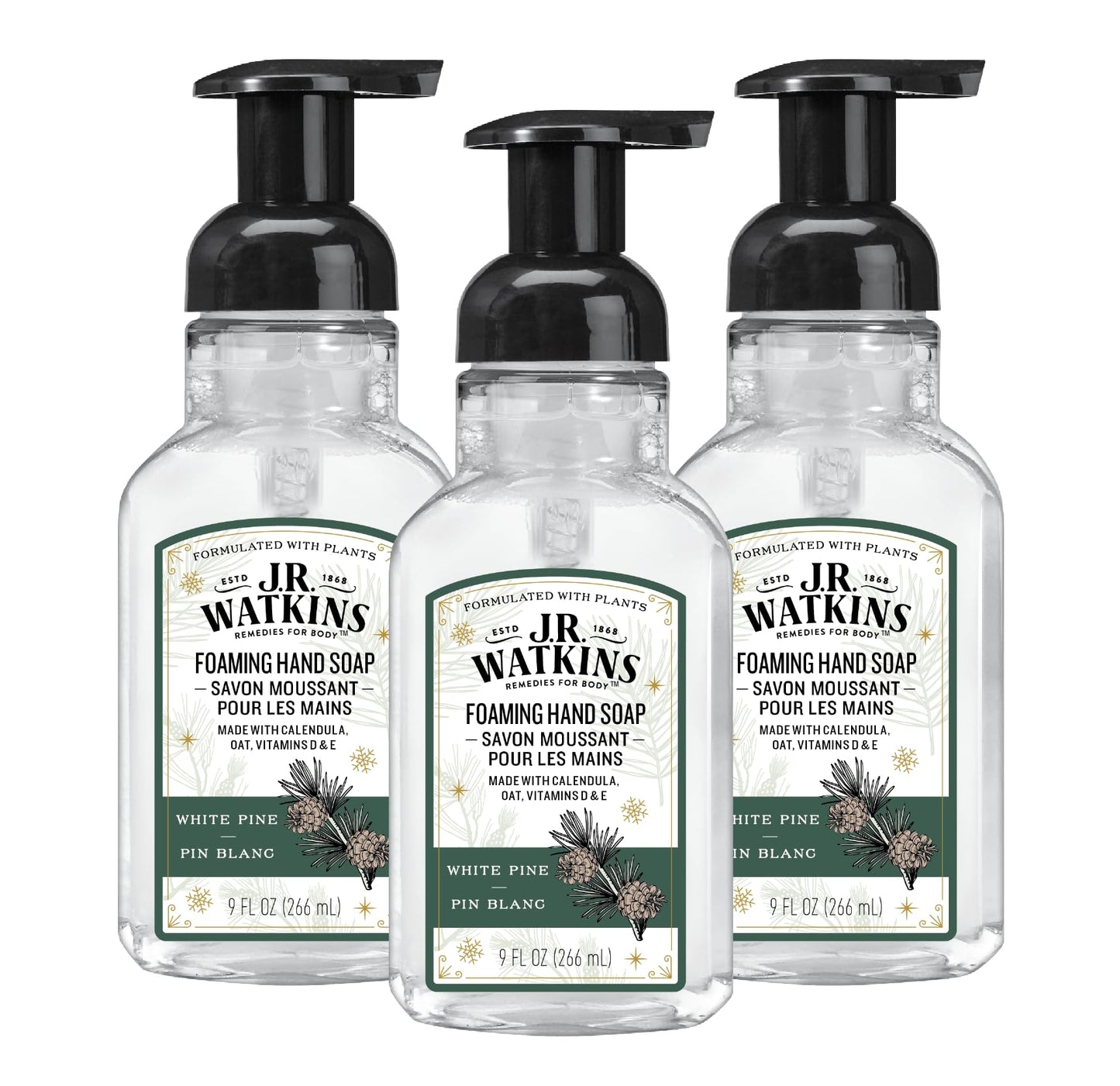 J.R. Watkins Foaming Hand Soap with Pump Dispenser, Moisturizing Foam Hand Wash, Alcohol-Free, Cruelty-Free, Pin Blanc/White Pine, 9 fl oz, 3 Pack