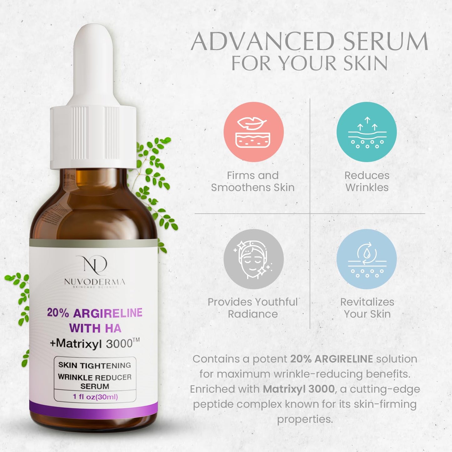 Nuvoderma Argireline Serum – 20% Argireline and Matrixyl 3000 - Face Serum Tightening with Hyaluronic Acid and Vitamin C – Lightweight Texture – 1 fl. oz.