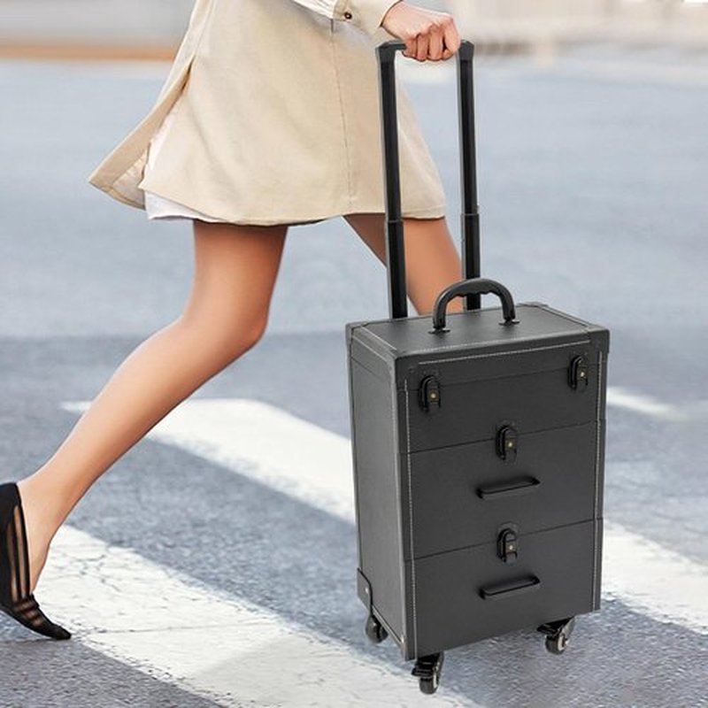 Rolling Makeup Train Case With Drawers,Professional Aluminum Makeup Suitcase With Universal Wheels And Lock,Multifunctional Rolling Makeup Organizer,Suitable For Makeup Artist,Etc (Black)