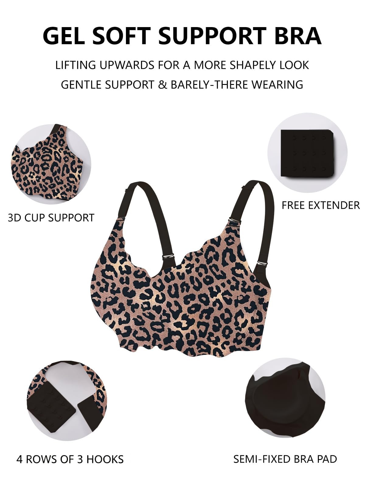 COCOMARTS Jelly Bras for Women No Underwire Scalloped Push Up Wireless Bralettes Seamless Soft Comfort Everyday Tshirt Bra Black Leopard XX-Large