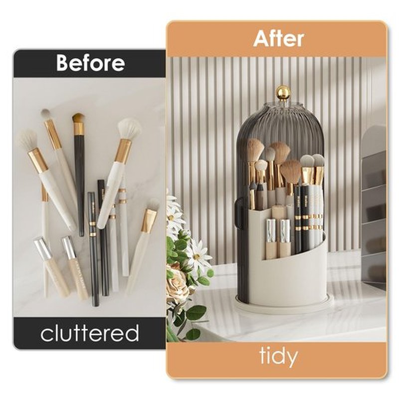 YOOLENS Makeup Brush Holder Organizer with Lid,360 Rotating Clear Dustproof Makeup Brushes Organizer for Vanity Desktop Bathroom Countertop (Gray)
