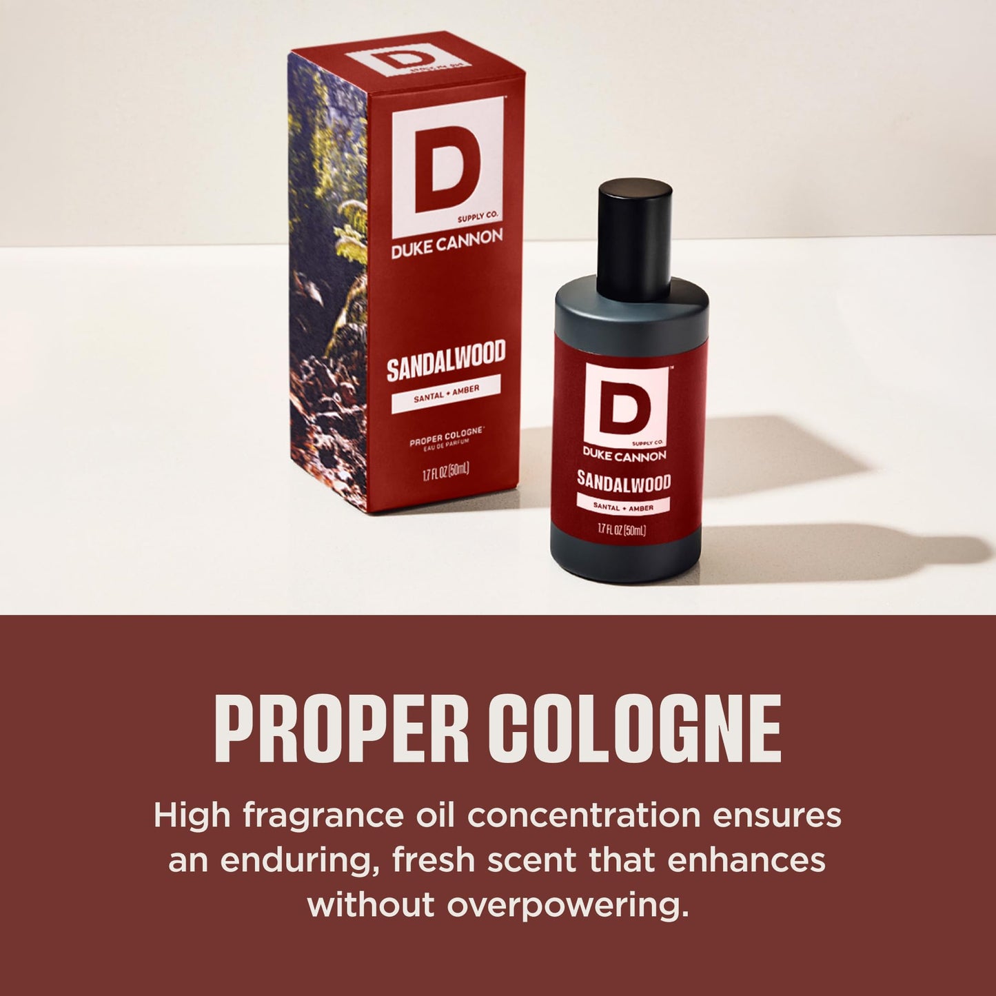 Duke Cannon Supply Co. Proper Cologne Sandalwood - 1.7 fl oz - Eau de Parfum Cologne for Men - Santal + Amber Scent - Smooth, Masculine Fragrance