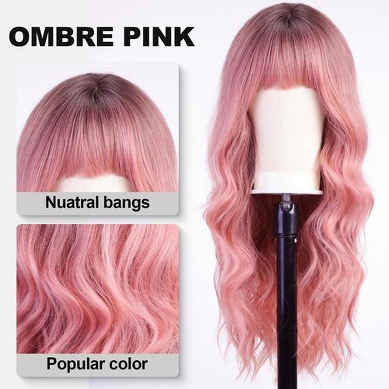 KOME Ombre Pink Wavy Wigs for Women,Long Wavy Wig with Bangs,Curly Natural Looking Synthetic Heat Resistant Fiber Wig for Party Cosplay Daily Use 26IN…