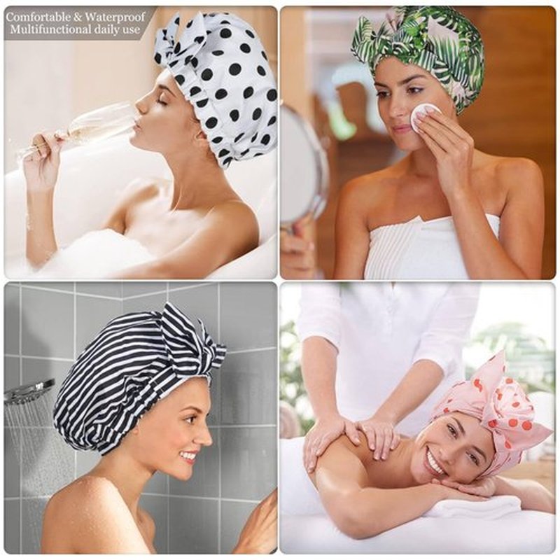 Luvruitaky Shower Cap Luxury Shower Caps for Women Reusable Waterproof Hair Cap for Shower with Adjustable Bowknot Hair Bath Cap (Green Palm)