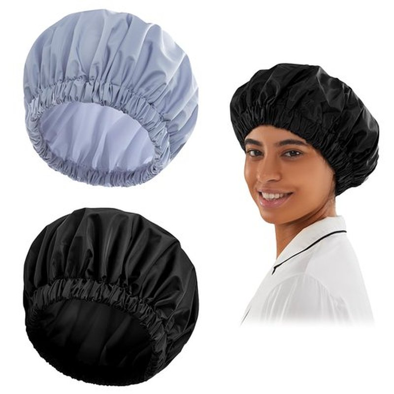 Reusable Shower Cap for Women, Large Waterproof Shower Bonnet Washable Elastic Band Bath Hair Hat for Long Hair, Braids(Black&Gray)