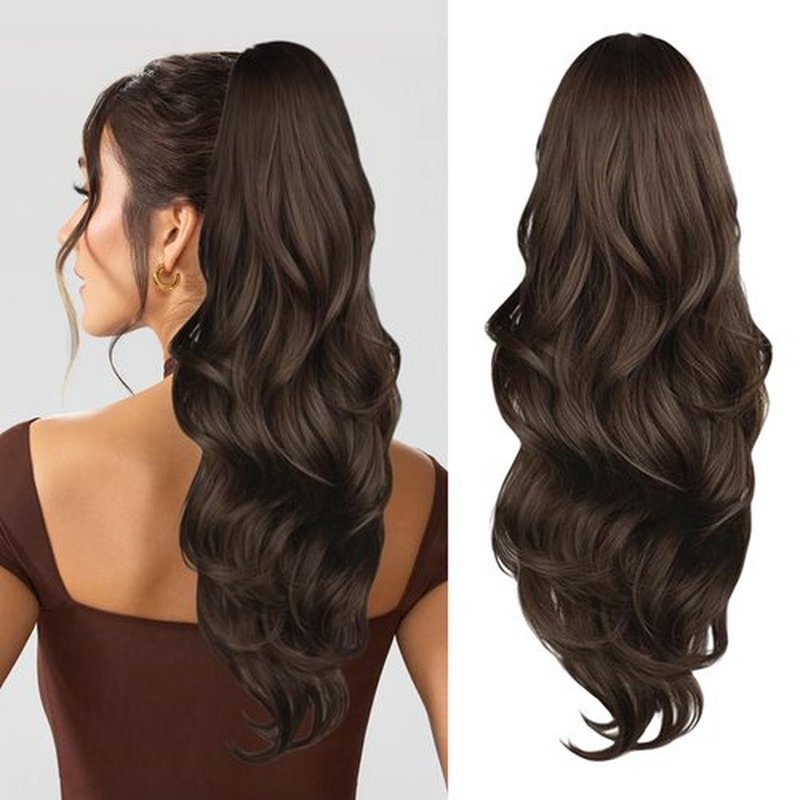 CHRSHN Ponytail Extension, Drawstring Ponytail Extension for Women 23 Inch Long Brown Wavy Pony Tails Hair Extensions Synthetic Clip in Ponytail Hairpiece for Women (Medium Brown)