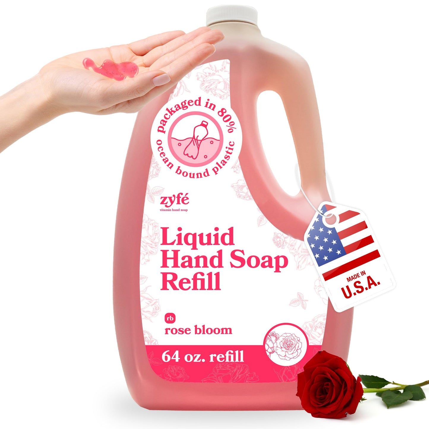 ZYFE 12 Bottle Case of Vitamin Hand Soap - Liquid Hand Soap - Natural Plant Derived Moisturizing Handsoap with Essential Oil Fragrance Rose Bloom - Wholesale Carton