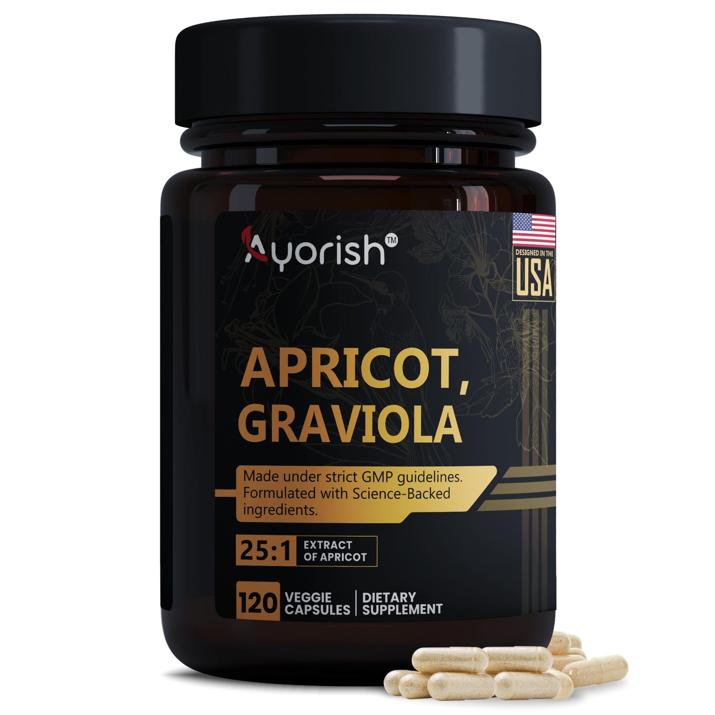 Ayorish Apricot 500 mg with Soursop Graviola Extract Capsule - 120 Veggie Capsules 60 Servings Non-GMO, Vegan