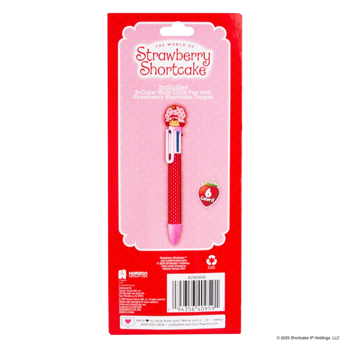 Strawberry Shortcake™ Multi-Click Pen, 6-Color Retractable Ballpoint with Strawberry Shortcake Topper – Cute Stationery Gift for Kids Ages 6 and Up
