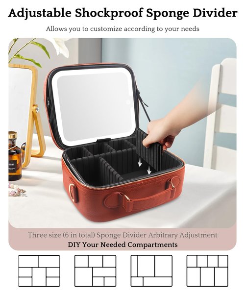 MOMIRA Travel Makeup Bag Cosmetic Bag with Lighted Mirror, Adjustable Brightness in 3 Color Scenarios/Detachable makeup mirror, 2024-All-round Upgrade, Waterproof, Gift for Women -Red Brown