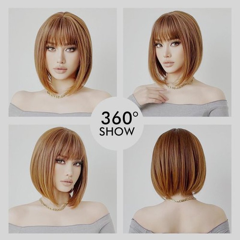 Tangyaoyusun 12Inch Dark Brown Wig with Bang Short Straight Bob Hair For Girls Women Theme Party (Brown Mix Blonde)