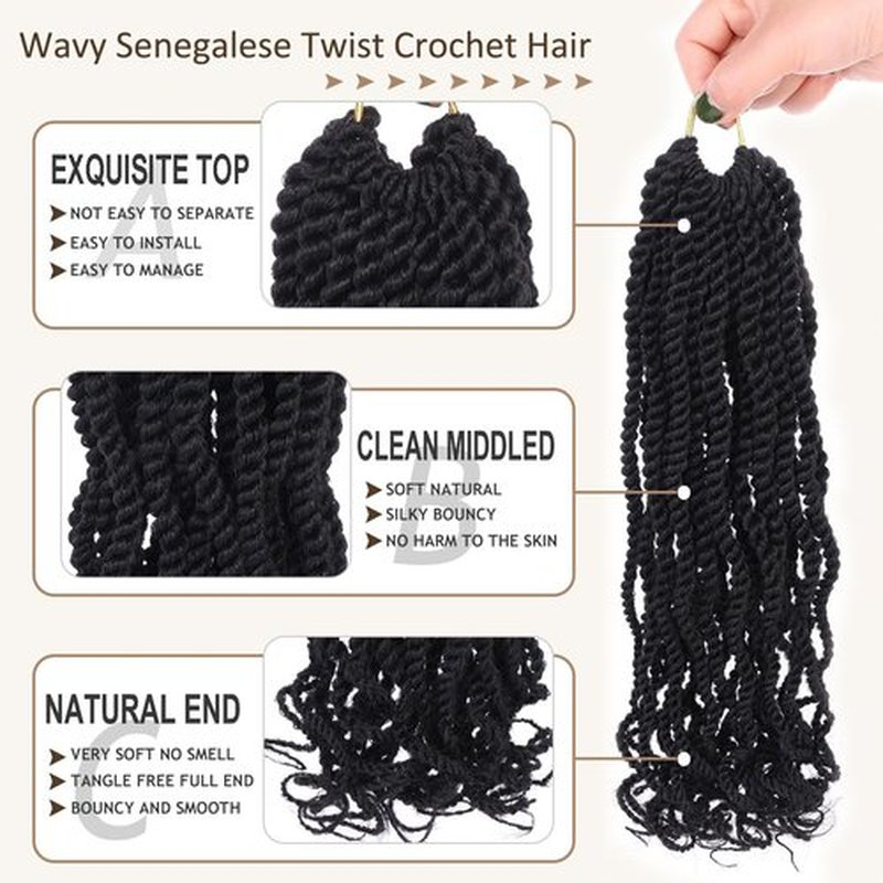 Kachanaa 8 Pack Wavy Senegalese Twist Crochet Hair With Curly Ends 8 Inch Synthetic Short Pre-Looped Kids Twisted Crochet Hair Havana Twist Braiding Hair Extension for Women 1B#