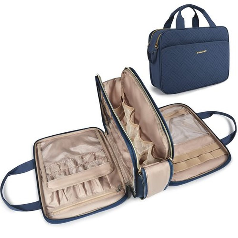 BAGSMART Large Toiletry Bag, Travel Makeup Organizer Water-resistant Makeup Cosmetic Bag Travel Bag for Accessories, Shampoo, Full Sized Container, Toiletries (Navy Blue, Large)