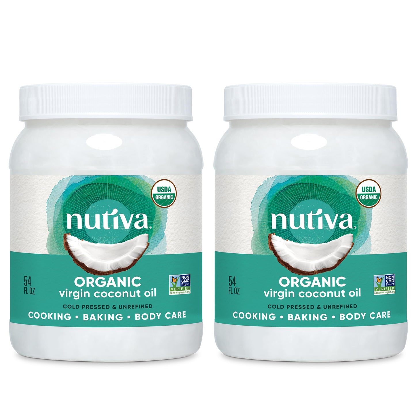 Nutiva Organic Cold-Pressed Virgin Coconut Oil, 54 Fl Oz (2 Pack) USDA Organic, Non-GMO, Whole 30 Approved, Vegan, Keto, Fresh Flavor and Aroma for Cooking & Healthy Skin and Hair