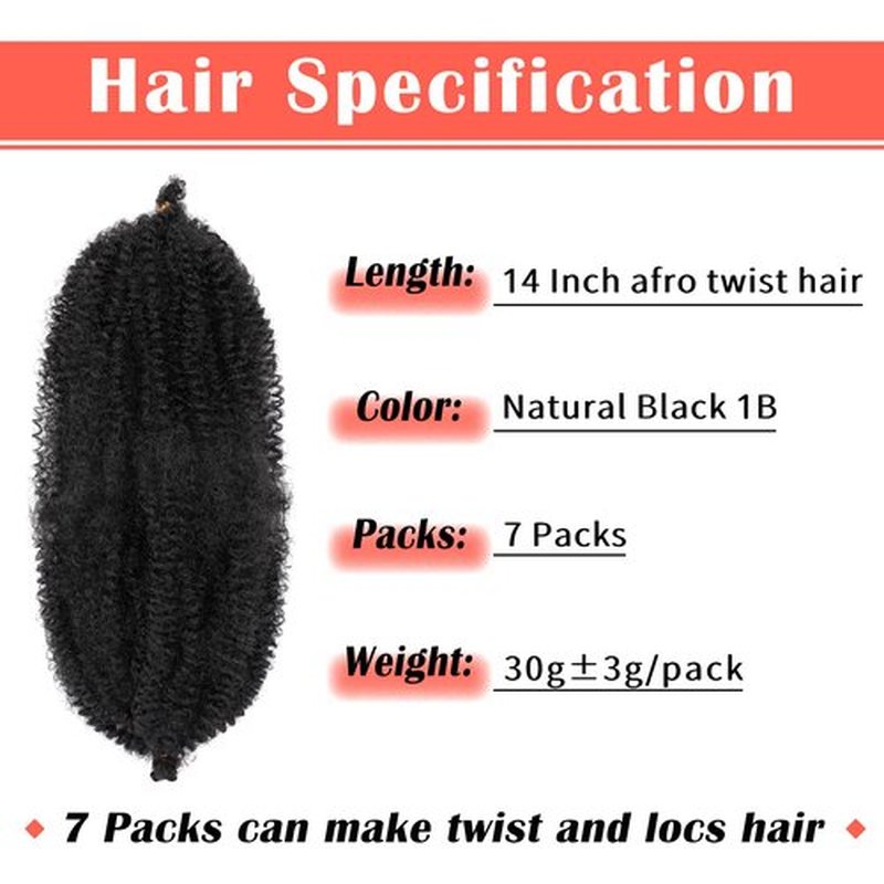 7 Packs Marley Hair 14 Inch Black Marley Twist Braiding Hair Pre Separated Springy Afro Twist Hair Pre Fluffed Kinky Twist Hair for Braiding Natural Synthetic Cuban Twist Hair Extensions (14",1B)