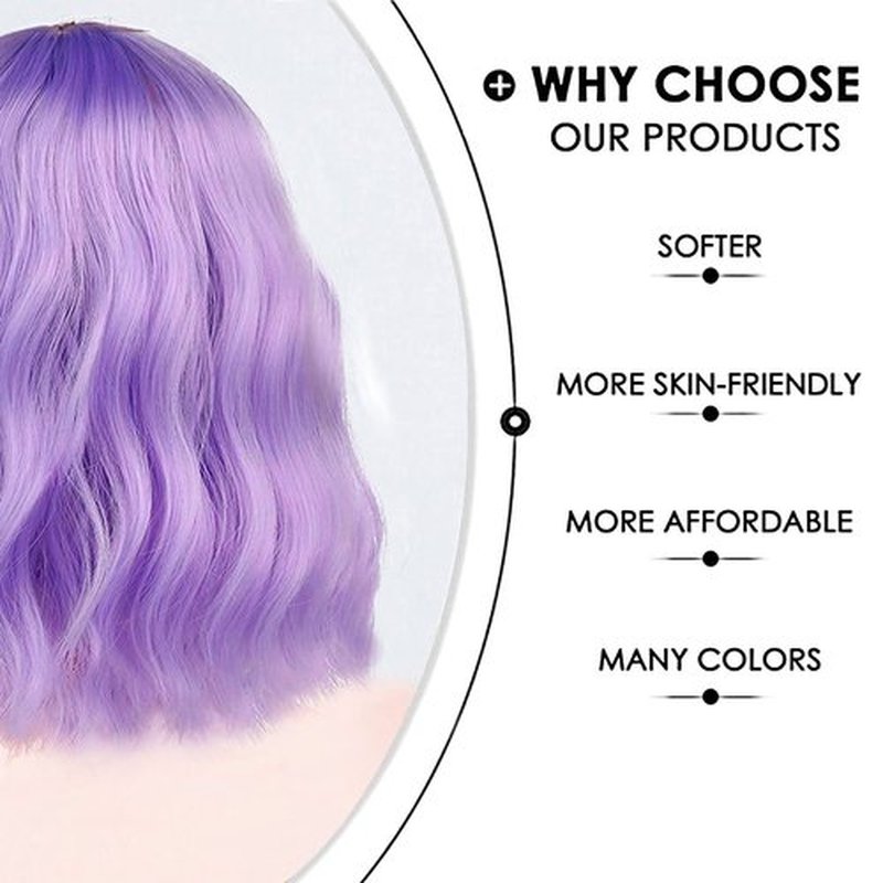 Amyqueen Short Purple Curly Wavy Bob Wigs for Women 12 Inch Shoulder Length Bob Wig with Bangs Synthetic Heat Resistant Fiber Wigs for Daily Party Cosplay Use (Purple)